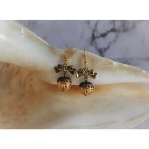 Handmade Dainty Gold Filigree Acorn and Bow Earrings